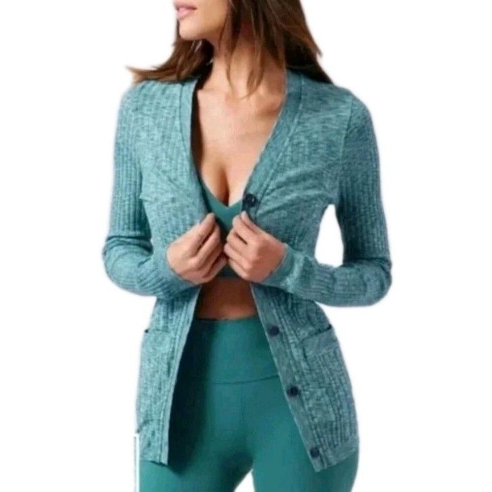 Athleta Revolve Seamless Ribbed Cardigan Size Large L Blue Athletic Sweater